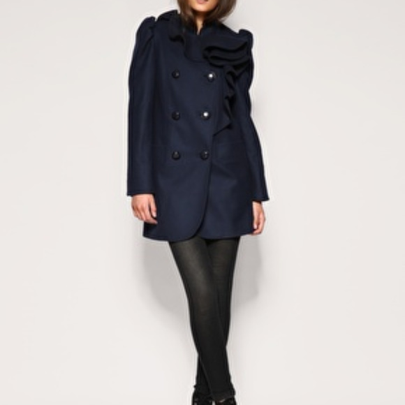 French Connection  Navy  Ruffle Peacoat  Sz 6 - Picture 1 of 8
